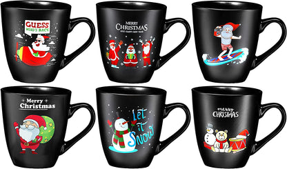 Coffee Mugs Set of 6 Large-Sized 16 Ounce Christmas Holiday Ceramic Mug - Holiday Coffee Mug Funny Novelty Mugs Decorative Christmas Gift, Christmas Matte Black