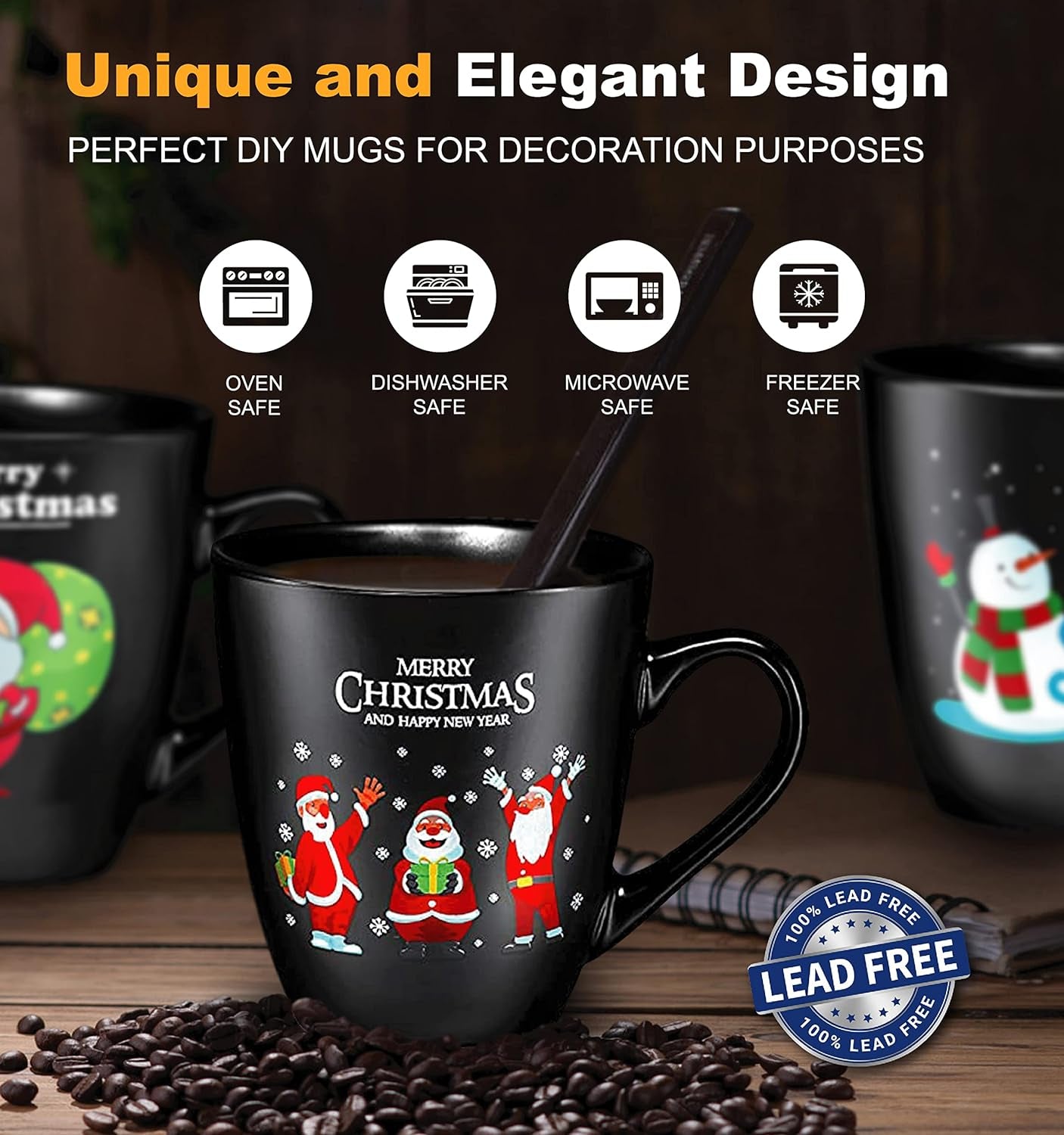 Coffee Mugs Set of 6 Large-Sized 16 Ounce Christmas Holiday Ceramic Mug - Holiday Coffee Mug Funny Novelty Mugs Decorative Christmas Gift, Christmas Matte Black