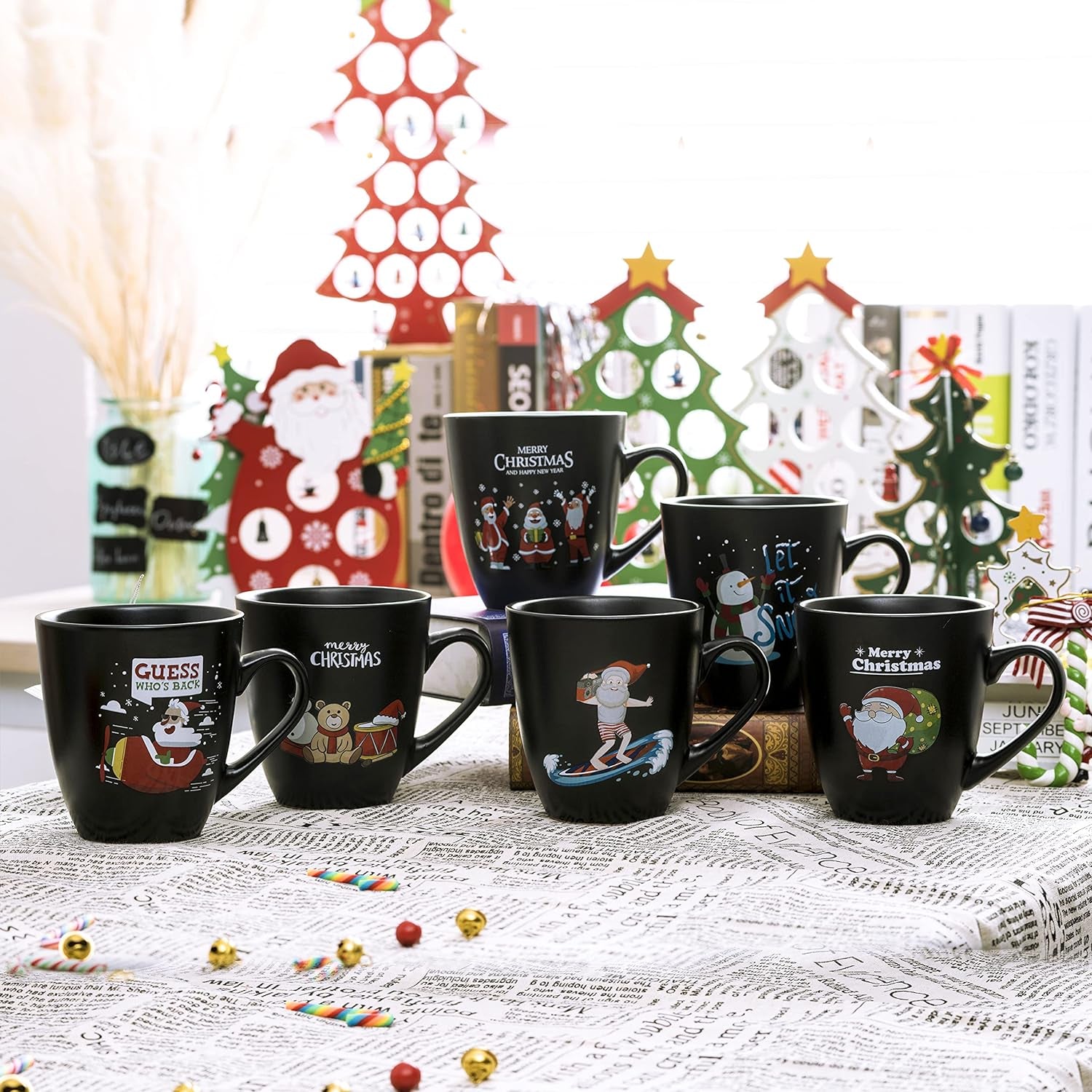 Coffee Mugs Set of 6 Large-Sized 16 Ounce Christmas Holiday Ceramic Mug - Holiday Coffee Mug Funny Novelty Mugs Decorative Christmas Gift, Christmas Matte Black