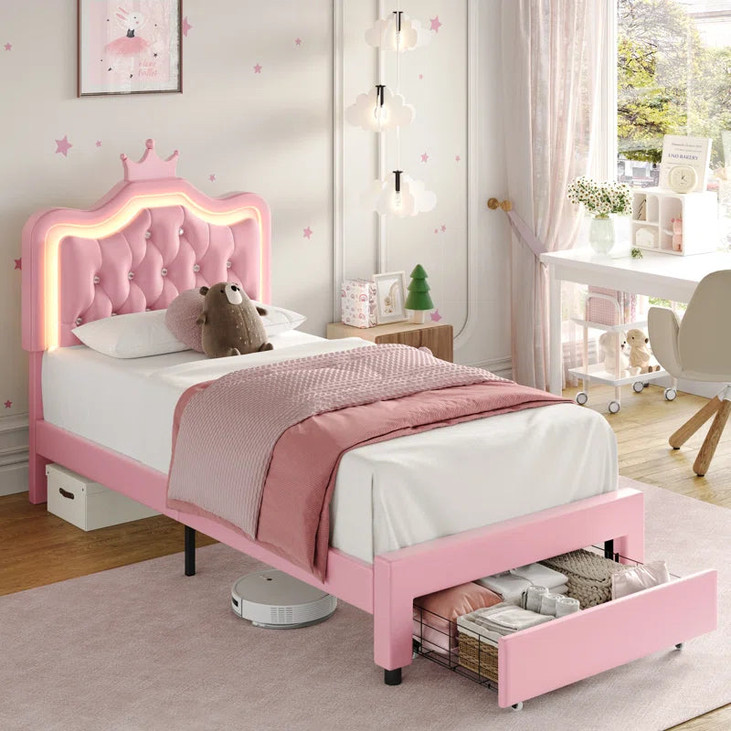 Largent Leather Upholstered Storage Bed with LED Lights and Crown Headboard, Kids Beds