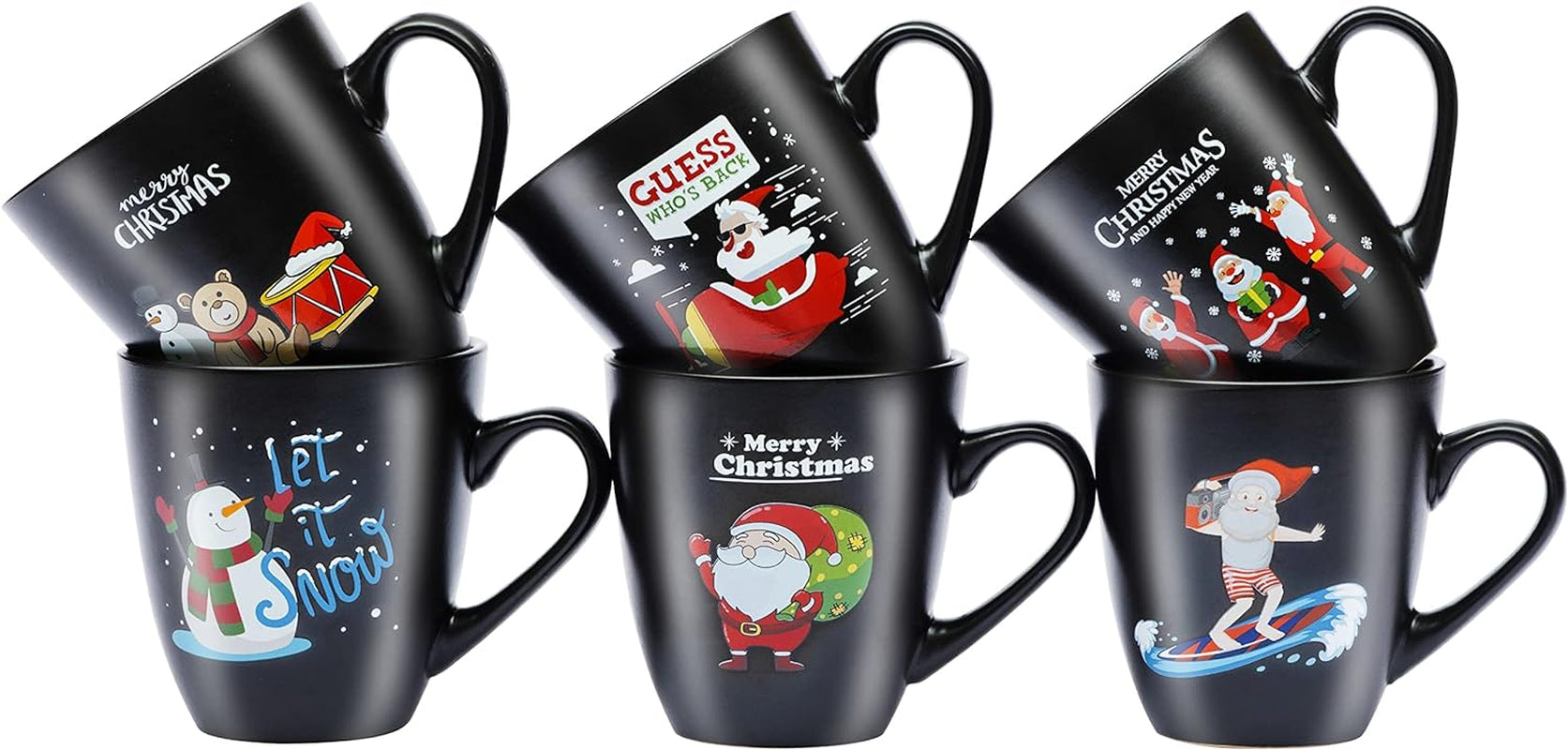 Coffee Mugs Set of 6 Large-Sized 16 Ounce Christmas Holiday Ceramic Mug - Holiday Coffee Mug Funny Novelty Mugs Decorative Christmas Gift, Christmas Matte Black