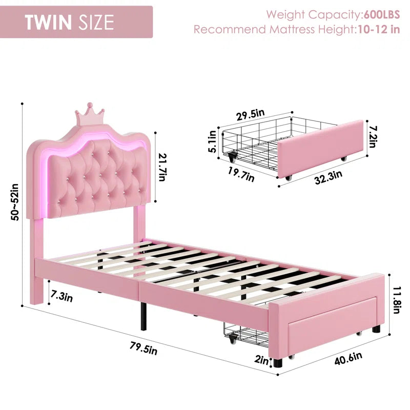 Largent Leather Upholstered Storage Bed with LED Lights and Crown Headboard, Kids Beds