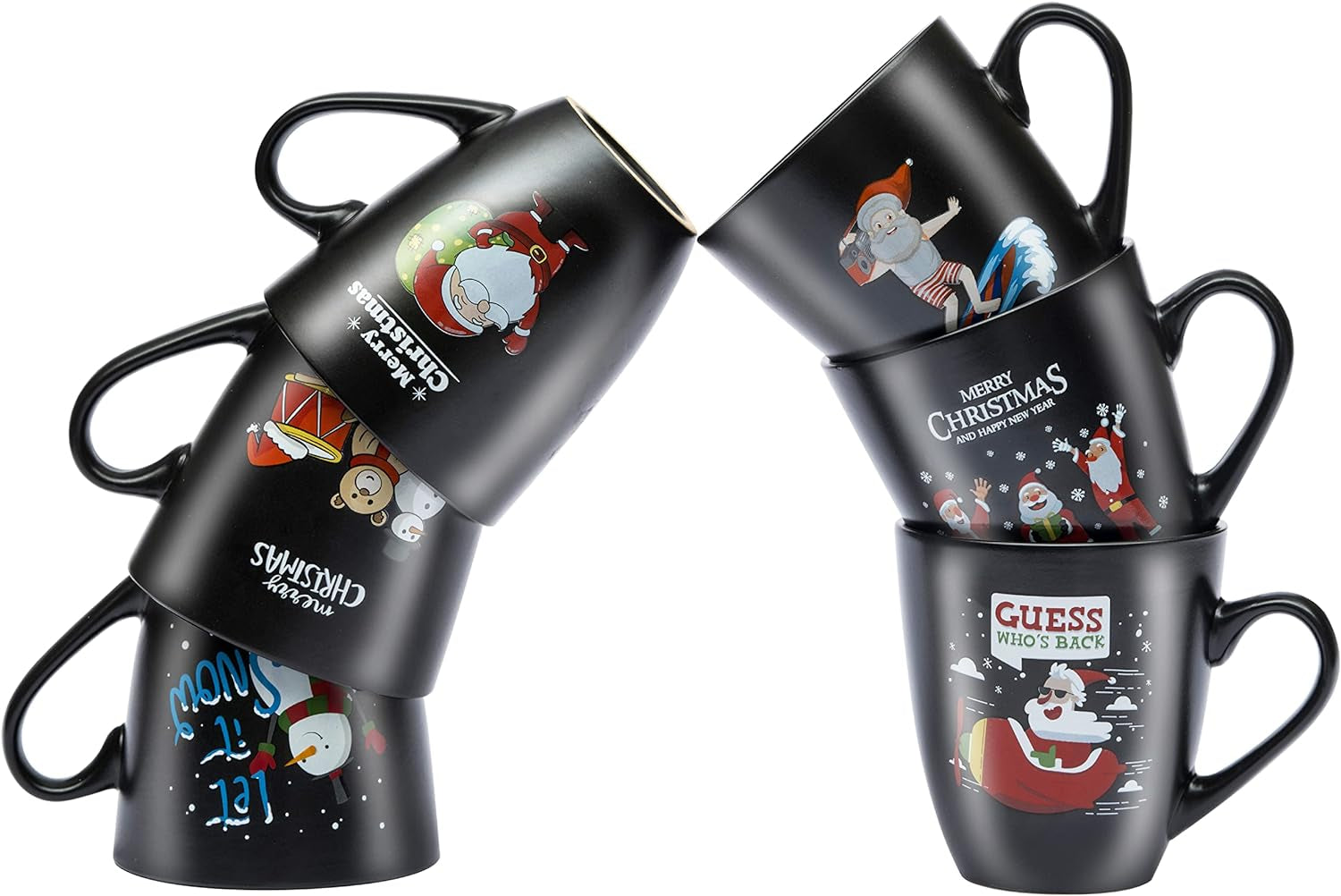 Coffee Mugs Set of 6 Large-Sized 16 Ounce Christmas Holiday Ceramic Mug - Holiday Coffee Mug Funny Novelty Mugs Decorative Christmas Gift, Christmas Matte Black